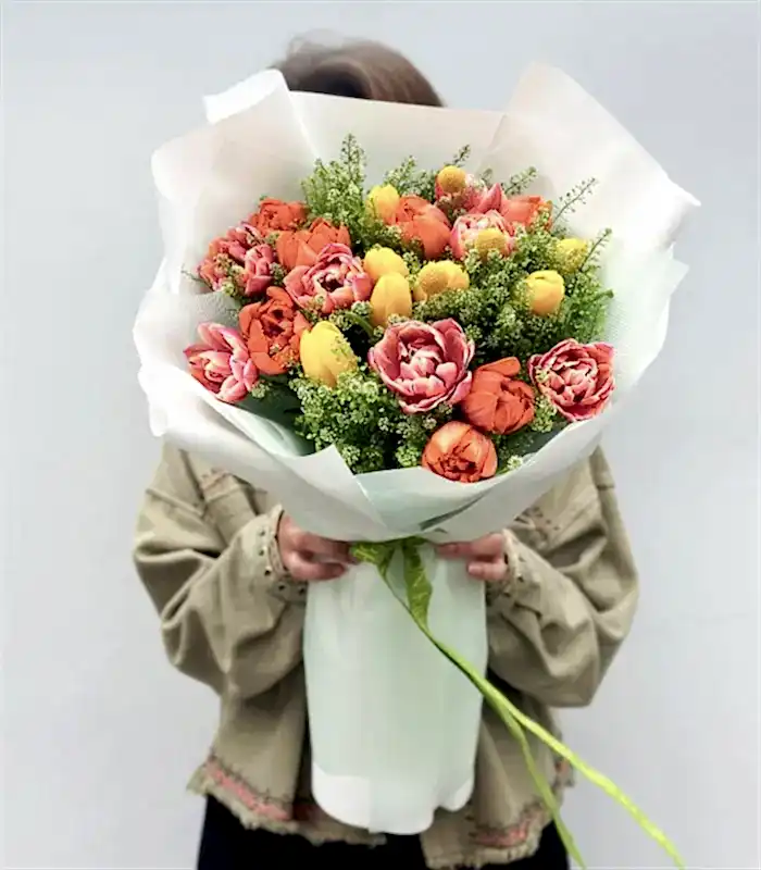 21 Turuncu Pembe Sarı Lale Buketi