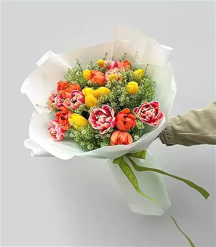 21 Turuncu Pembe Sarı Lale Buketi