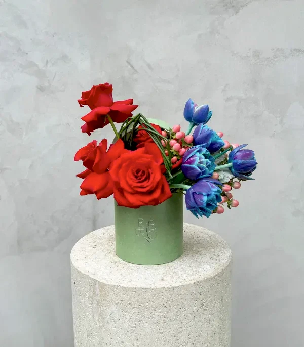 Arben Yeşil Mini Kutuda Galaksi Lale Kırmızı Gül Aranjmanı