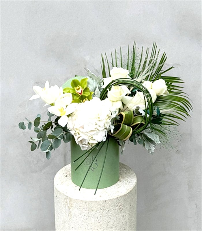 Bright Green Deluxe Yeşil Kutuda Beyaz Ortanca Beyaz Lale Aranjman