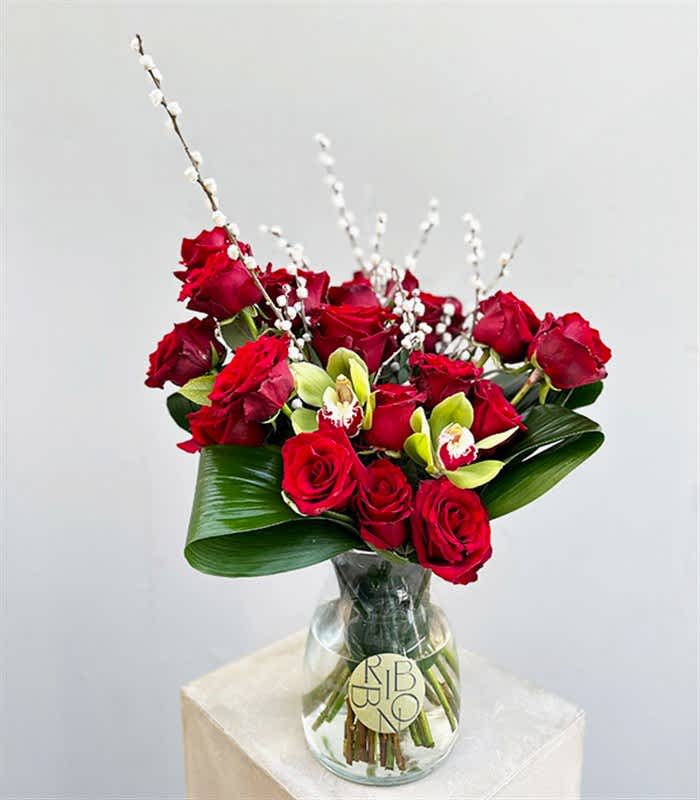 Eros Vazoda Deluxe 20 Kırmızı Gül Orkide