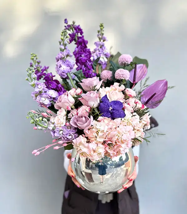 Fall in Love Deluxe Silver Vazoda Pembe Ortanca Mor Lila Aranjman