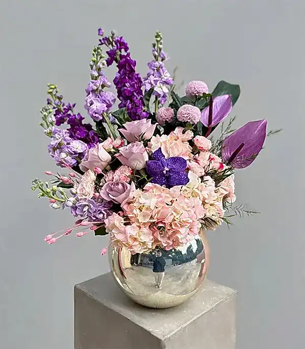 Fall in Love Deluxe Silver Vazoda Pembe Ortanca Mor Lila Aranjman