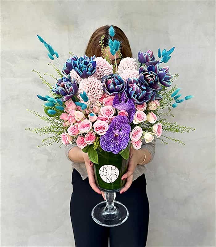 Galaksi Lale Pembe Sümbül Vazo Aranjman