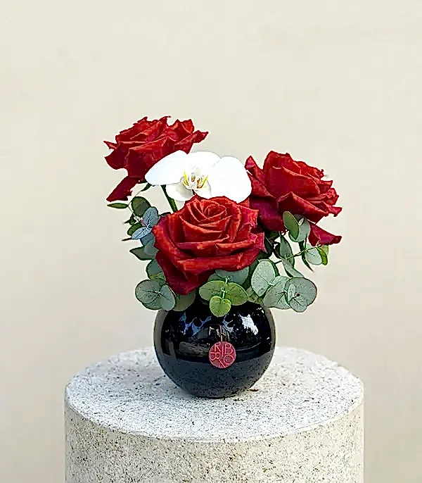 Grace Mini Siyah Vazoda Kırmızı Gül Orkide