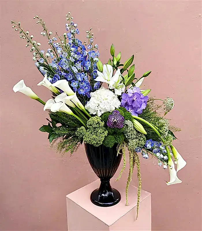 Grand Deluxe Siyah Vazoda Mavi Delfinyum Beyaz Ortanca Gala Aranjman