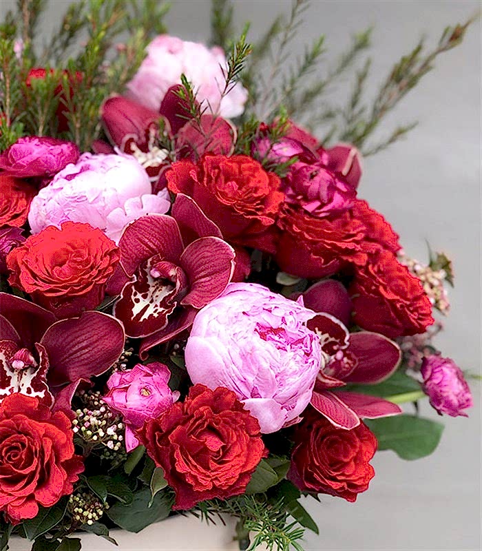 Grand Krem Kutuda Pembe Şakayık Kırmızı Güller