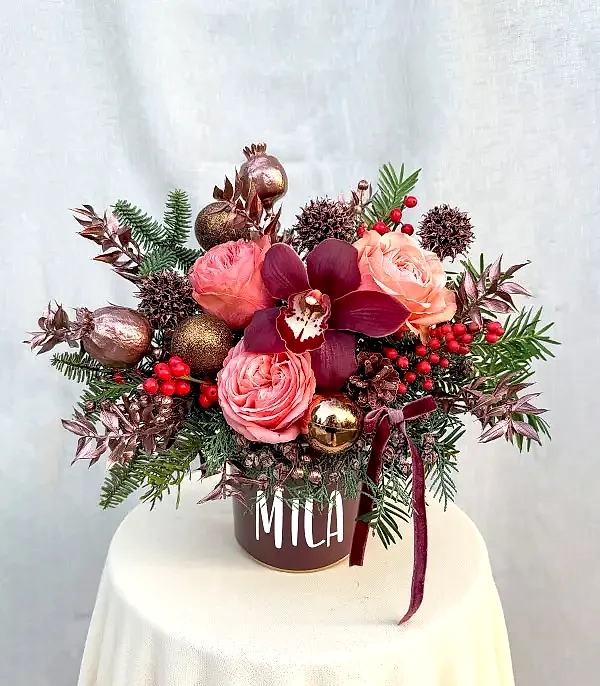 İsme Özel Somon Bordo Mini Rose Gold Yeni Yıl Aranjmanı