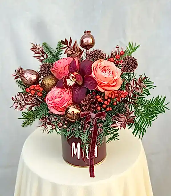 İsme Özel Somon Bordo Mini Rose Gold Yeni Yıl Aranjmanı