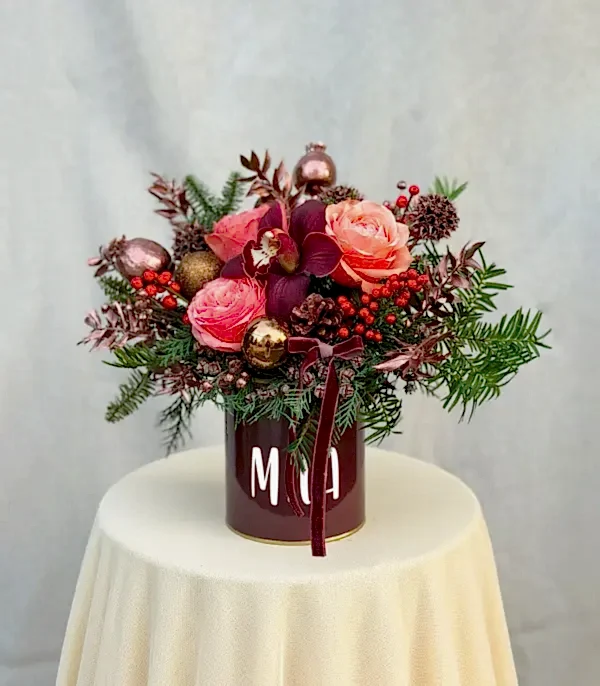 İsme Özel Somon Bordo Mini Rose Gold Yeni Yıl Aranjmanı