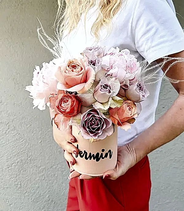 İsme Özel Pembe Şakayıklı Somon Lila Mini Aranjman