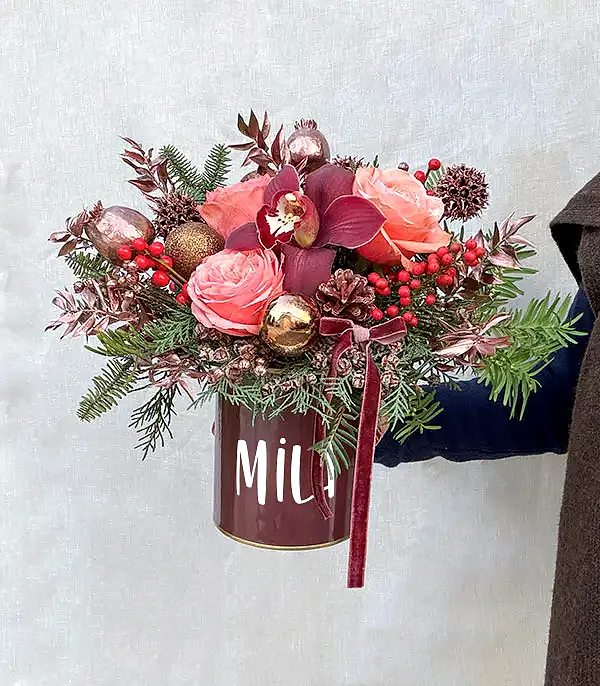 İsme Özel Somon Bordo Mini Rose Gold Yeni Yıl Aranjmanı