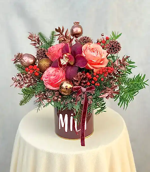 İsme Özel Somon Bordo Mini Rose Gold Yeni Yıl Aranjmanı