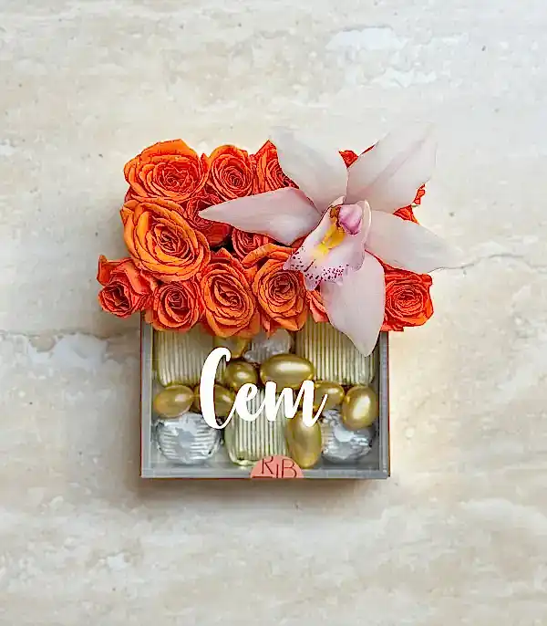 İsme Özel Turuncu Gül Cymbidium Orkide Tiny Çikolata Kutusu