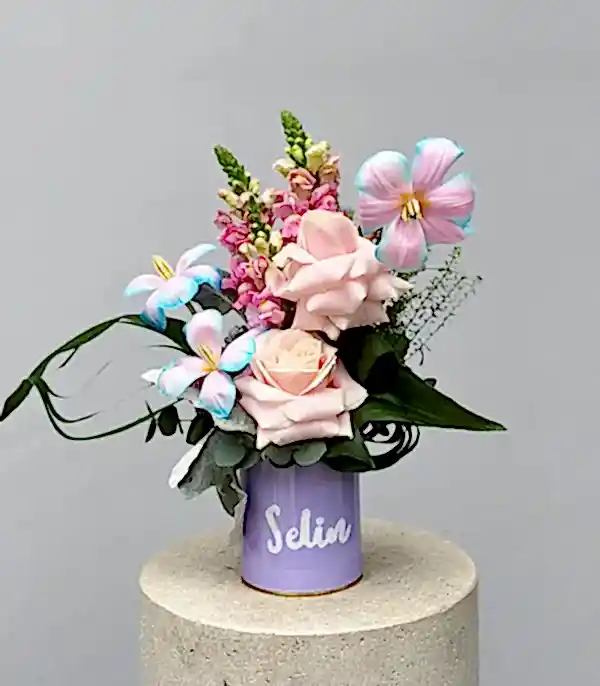 İsme Özel Unicorn Lale Pembe Gül Mini Aranjman