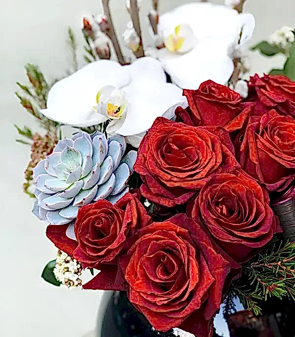 Jenny Kırmızı Gül Beyaz Orkide Siyah Vazo Aranjman