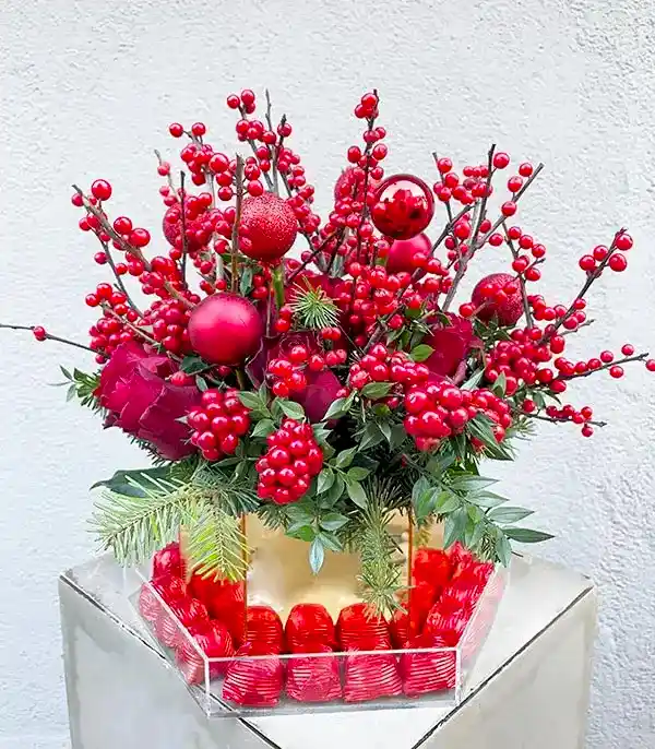 Jingle Bells Kırmızı Ilex Gül Kokina Deluxe Yeni Yıl Çikolata Tepsisi