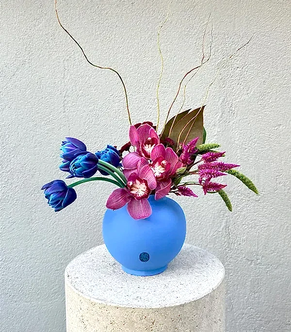 Joelle Mavi Seramik Vazoda Cymbidium Orkide Galaksi Lale Aranjmanı