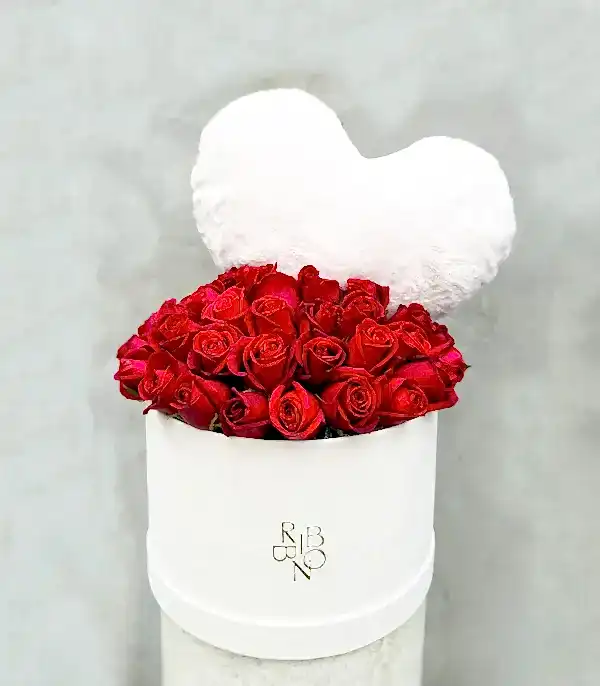 Kalp Peluş Yastıklı Krem Grand Kutuda 41 Kırmızı Güller
