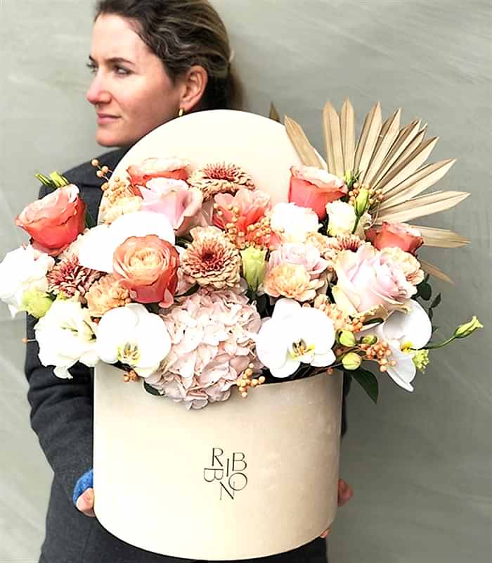 Lena Grand Pembe Ortanca Somon Gül Krem Kutu Çiçek