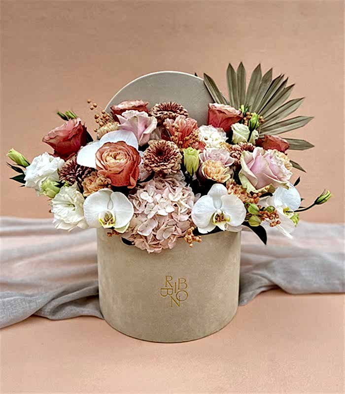 Lena Grand Pembe Ortanca Somon Gül Krem Kutu Çiçek