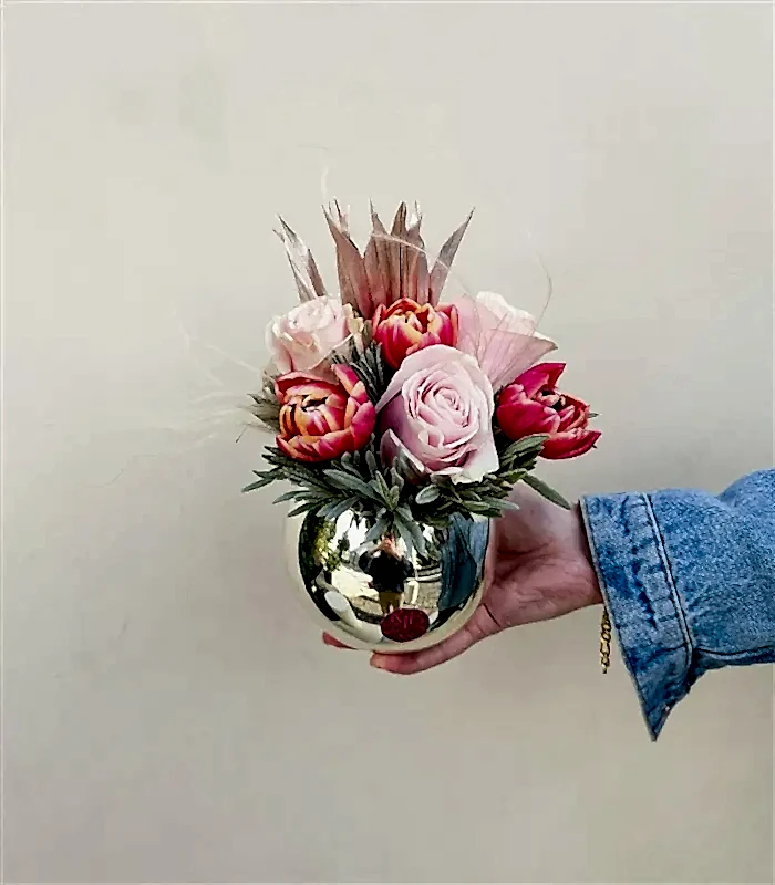 Lustre Mini Silver Vazoda Pembe Lale Gül Aranjmanı