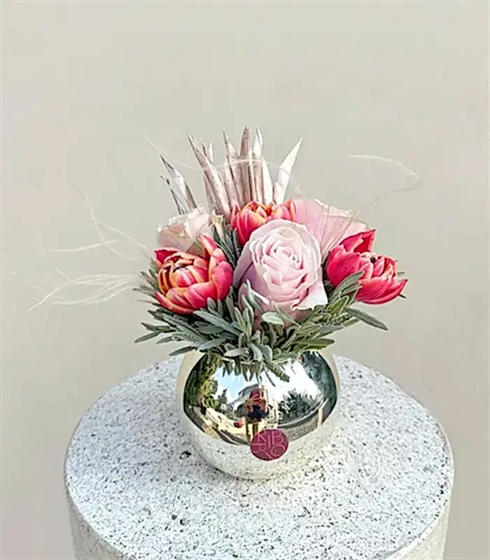 Lustre Mini Silver Vazoda Pembe Lale Gül Aranjmanı