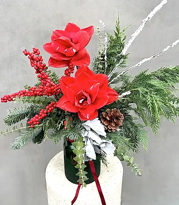 Magical Winter Yeşil Vazoda Amaryllis Ilex Yılbaşı Aranjmanı