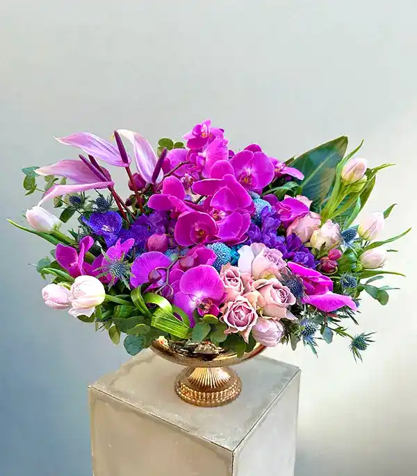 Novella Bakır Vazo Lila Mor Çiçekler