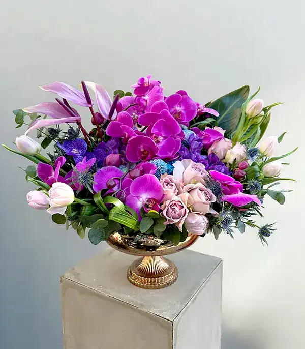 Novella Bakır Vazo Lila Mor Çiçekler