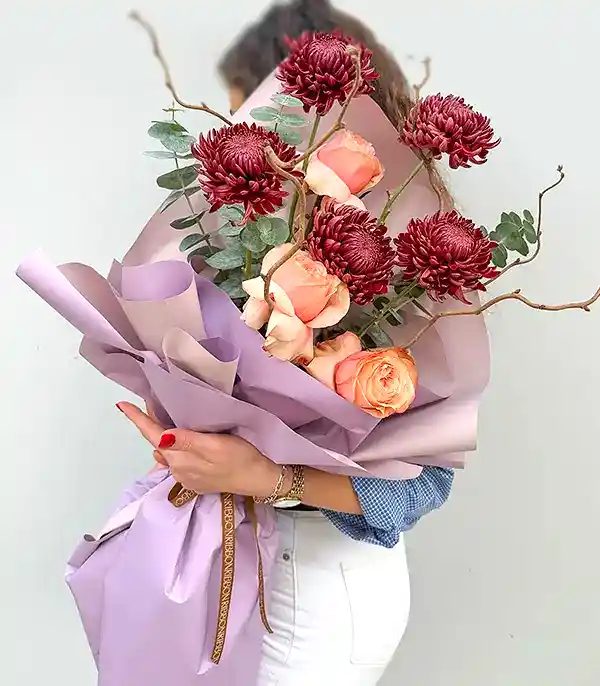 November Somon Gül Bordo Kasımpatı Buketi