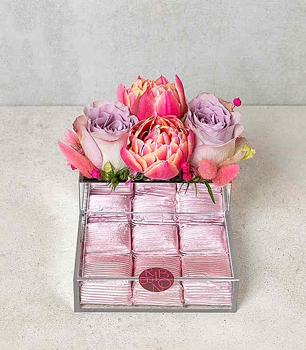 Pembe Lila Çiçekli Çikolata Mini Tepsi