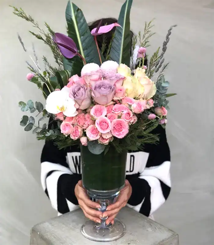 Pembe Lila Gül Antoryum Vazo Aranjman