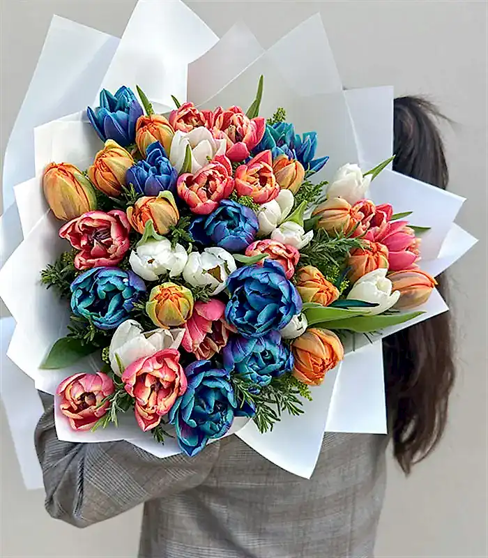 Rengarenk 41Li Beyaz Turuncu Galaksi Pembe Lale Buketi