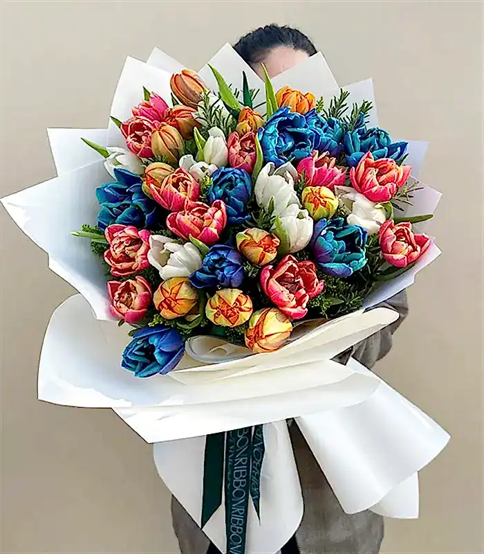 Rengarenk 41Li Beyaz Turuncu Galaksi Pembe Lale Buketi