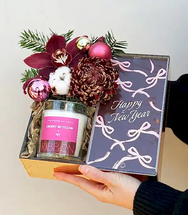 Ribbon Happy New Year Bordo Yılbaşı Çikolata Mum Hediye Kutusu