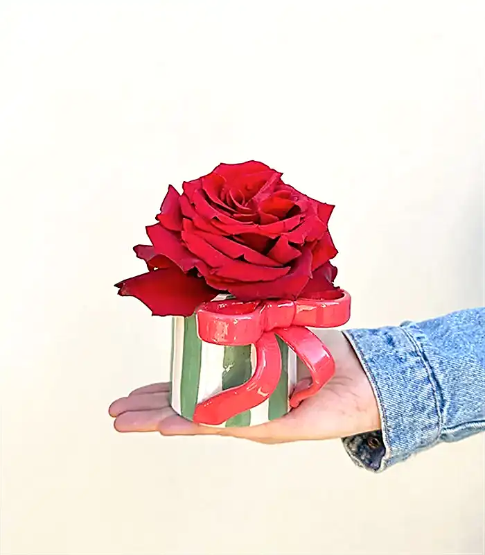Ribbon Valentines Bow El İşi Seramik Mug Kırmızı Gül