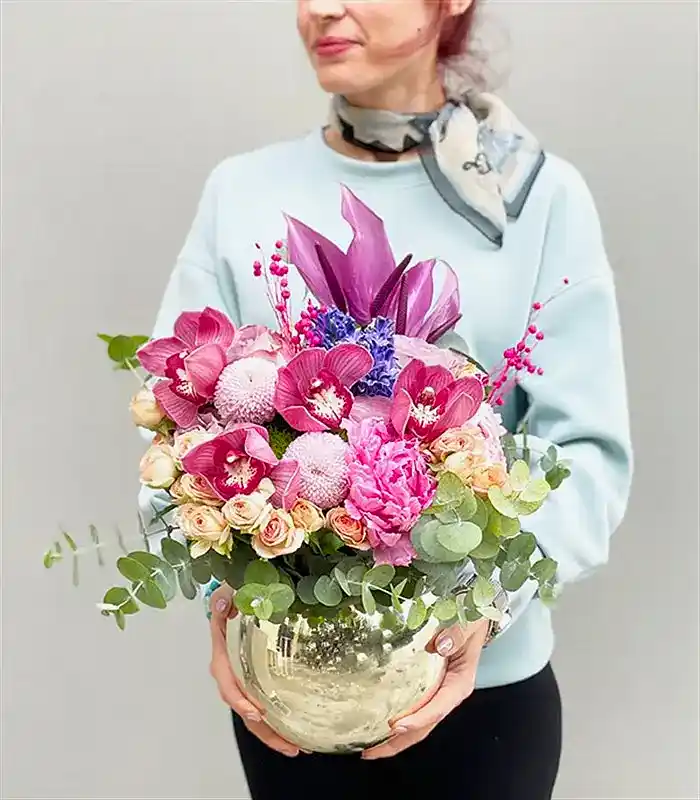 Silver Vazoda Pembe Şakayıklı Lila Aranjman