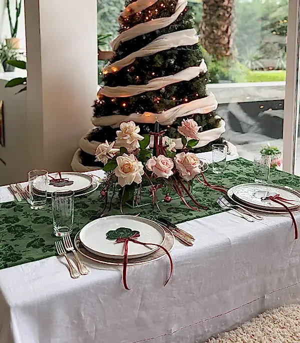 Yılbaşı Pembe Gül Mumlu Masa Çiçeği Runner Servis Seti